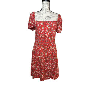 Mi Ami Size Large Red Cottage Core Dainty Floral Dress with Square Neck
